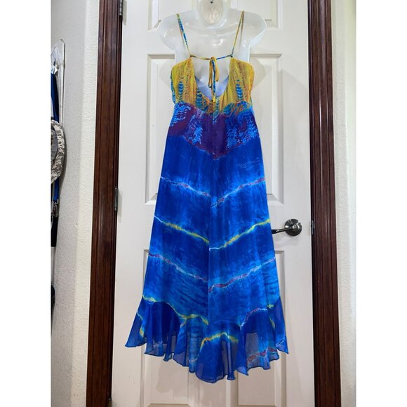 Betsey Johnson Multicolor Blue Yellow Tie-Dye Midi Dress 8 Polyester Womens Back - Picture 8 of 11